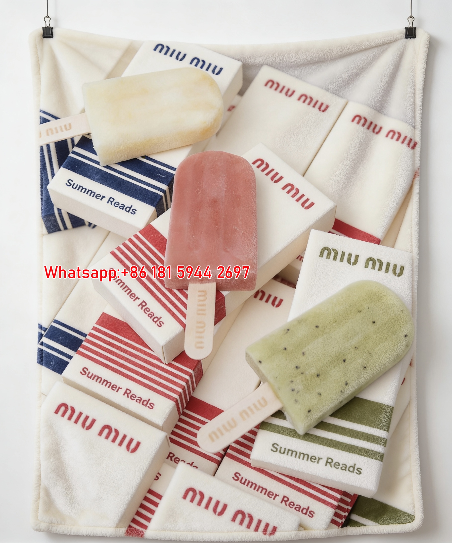 Miu Miu Summer Ice Pop Print Flannel Throw Blanket Multicolor Pastel with White Red Blue and Green Accents Aesthetic Popsicle Design IMG_0436